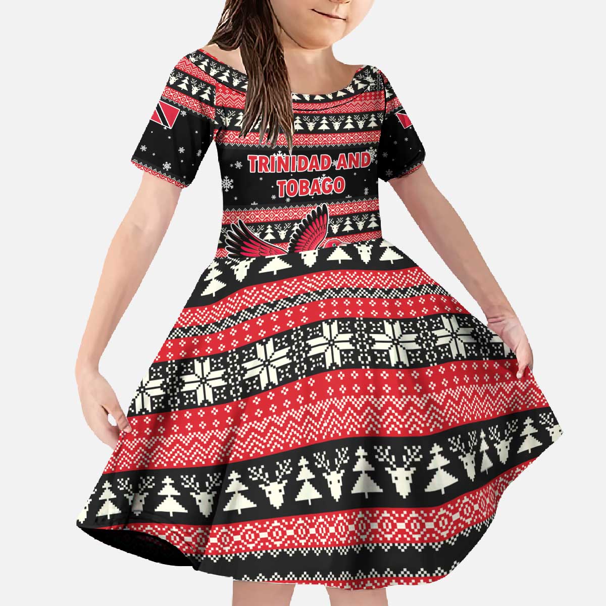 Trinidad and Tobago Christmas Family Matching Off The Shoulder Long Sleeve Dress and Hawaiian Shirt Bird and Coat of Arms Design - Wonder Print Shop