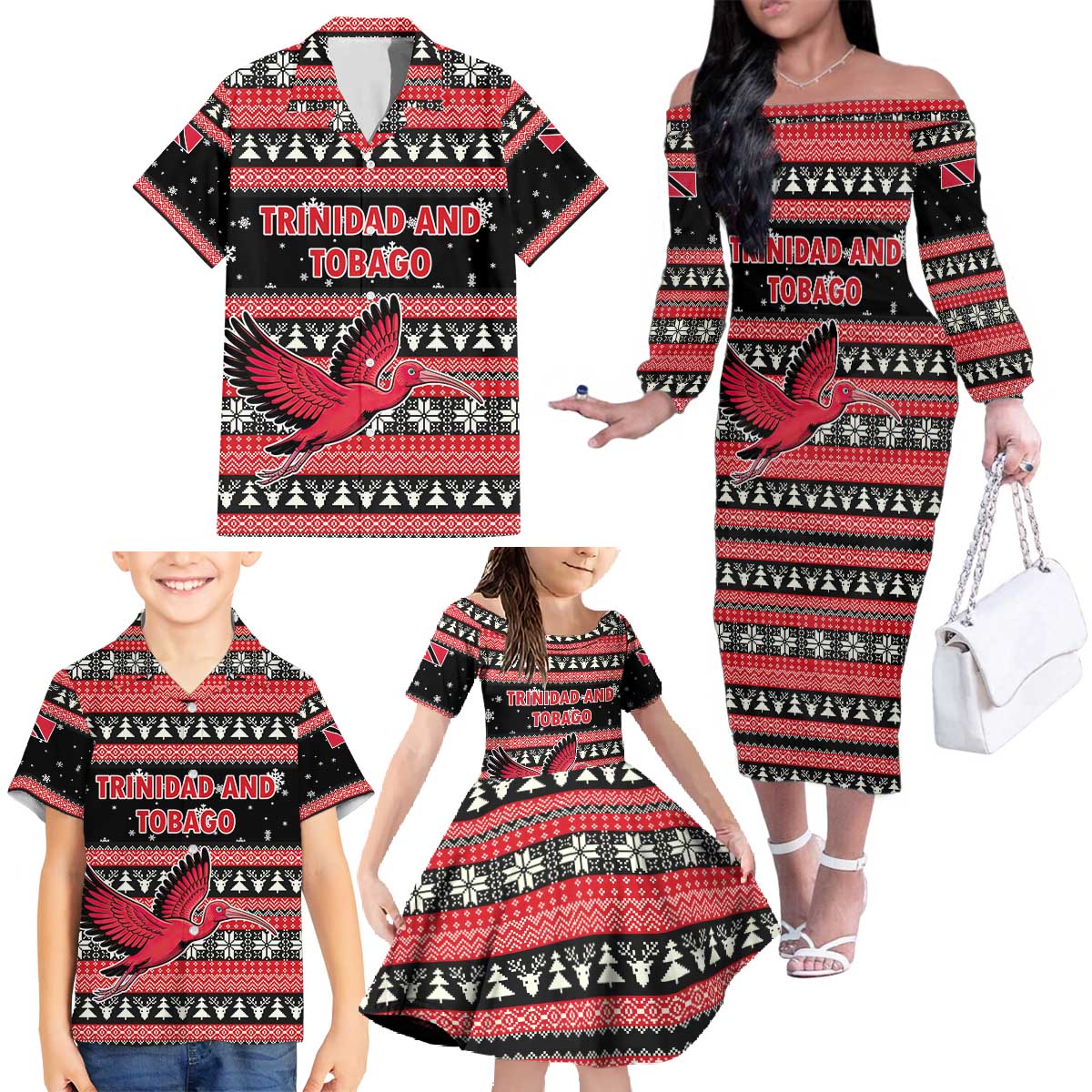 Trinidad and Tobago Christmas Family Matching Off The Shoulder Long Sleeve Dress and Hawaiian Shirt Bird and Coat of Arms Design - Wonder Print Shop