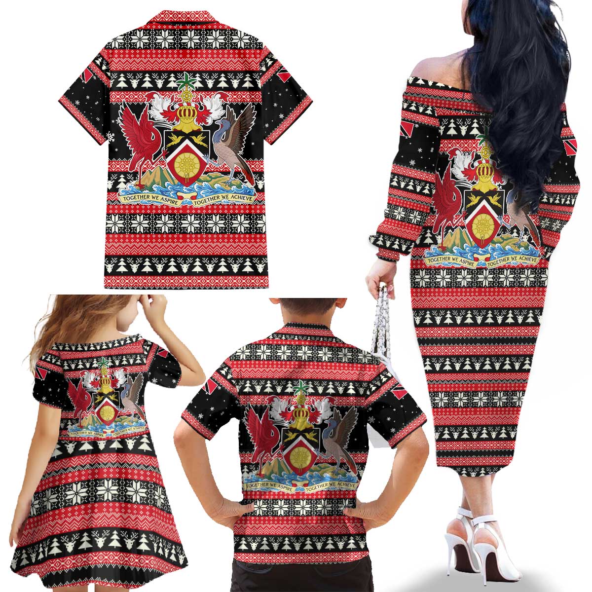 Trinidad and Tobago Christmas Family Matching Off The Shoulder Long Sleeve Dress and Hawaiian Shirt Bird and Coat of Arms Design - Wonder Print Shop