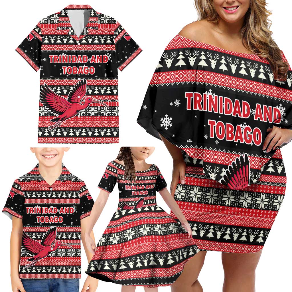 Trinidad and Tobago Christmas Family Matching Off Shoulder Short Dress and Hawaiian Shirt Bird and Coat of Arms Design - Wonder Print Shop