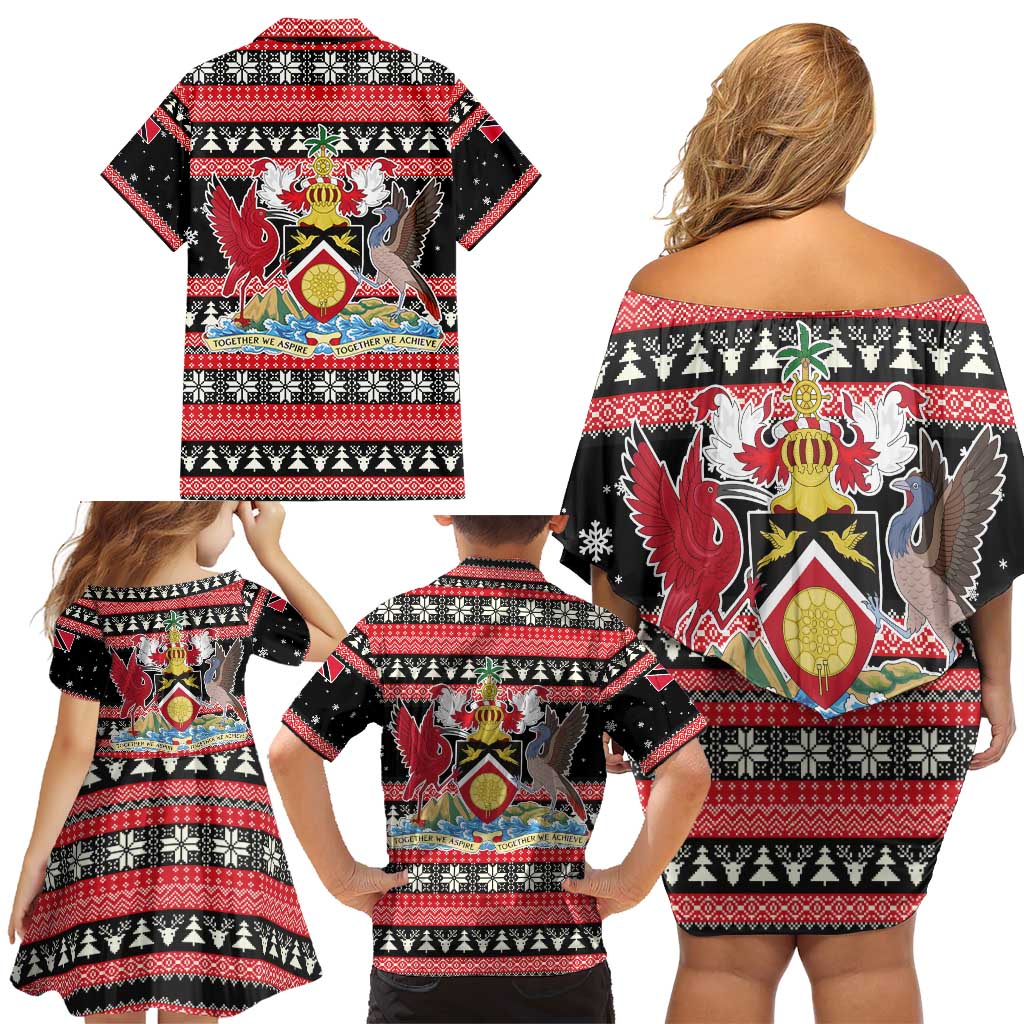 Trinidad and Tobago Christmas Family Matching Off Shoulder Short Dress and Hawaiian Shirt Bird and Coat of Arms Design - Wonder Print Shop