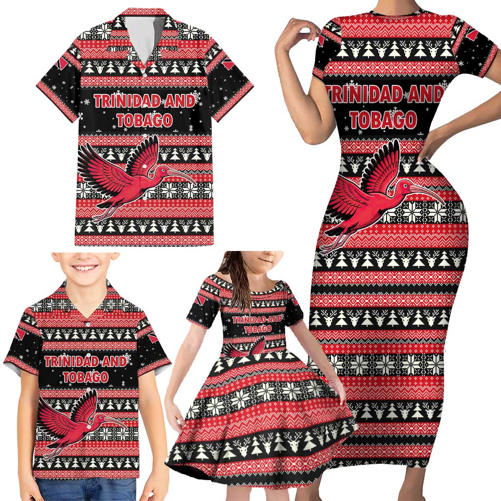 Trinidad and Tobago Christmas Family Matching Short Sleeve Bodycon Dress and Hawaiian Shirt Bird and Coat of Arms Design - Wonder Print Shop