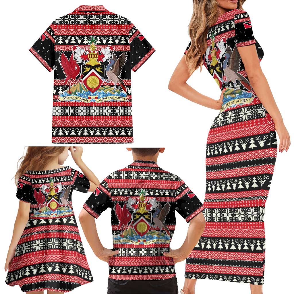 Trinidad and Tobago Christmas Family Matching Short Sleeve Bodycon Dress and Hawaiian Shirt Bird and Coat of Arms Design - Wonder Print Shop