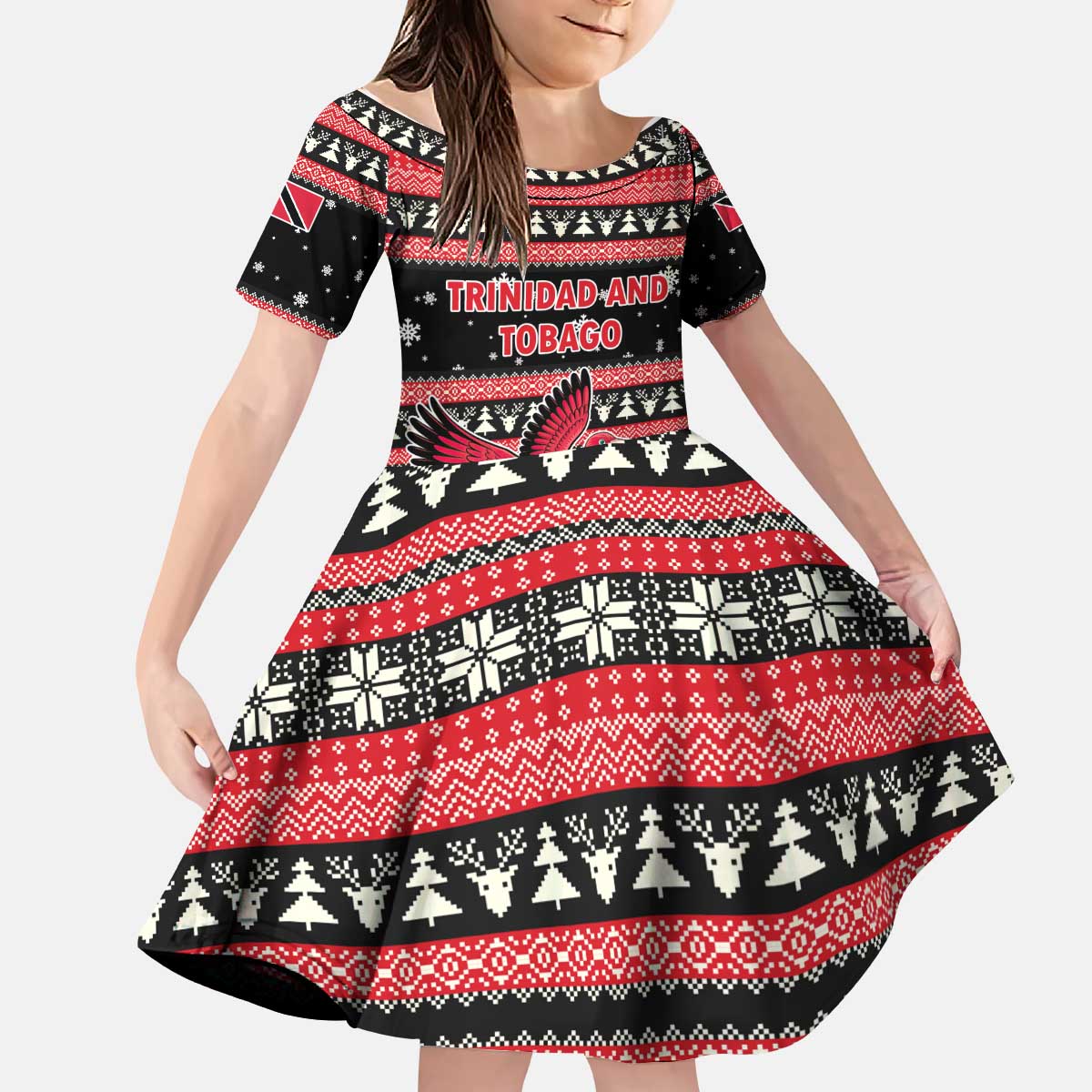 Trinidad and Tobago Christmas Kid Short Sleeve Dress Bird and Coat of Arms Design - Wonder Print Shop