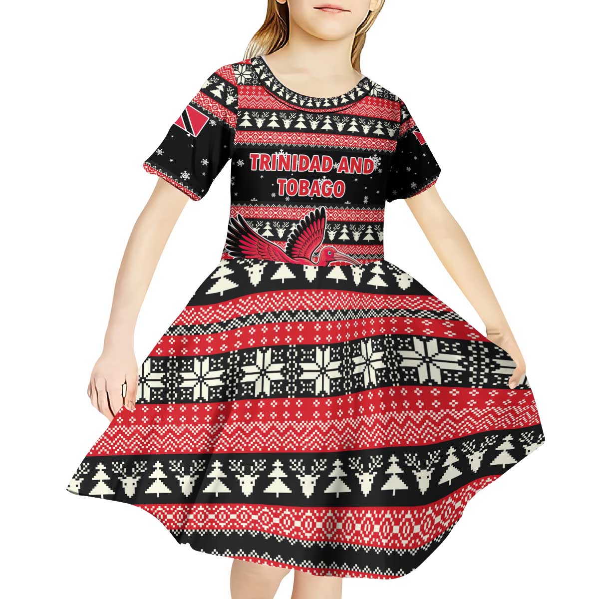 Trinidad and Tobago Christmas Kid Short Sleeve Dress Bird and Coat of Arms Design - Wonder Print Shop