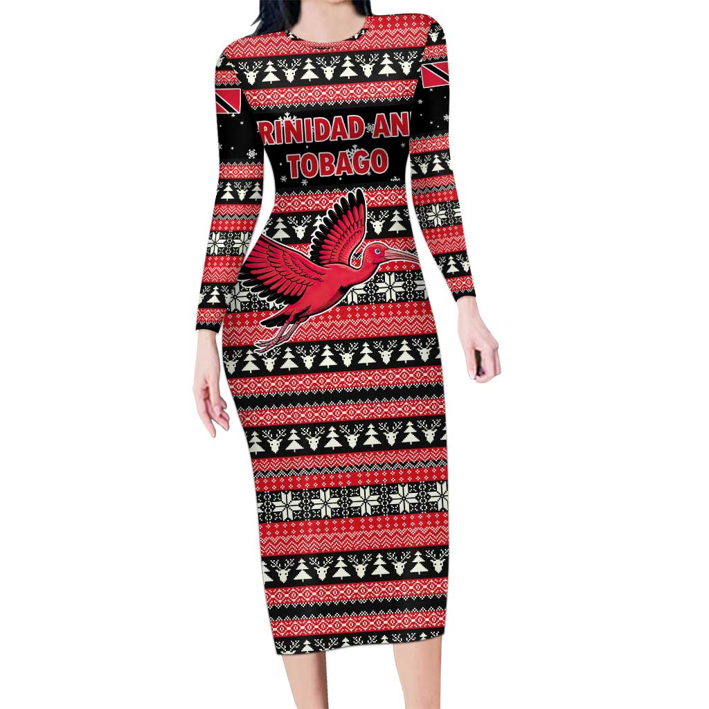 Trinidad and Tobago Christmas Long Sleeve Bodycon Dress Bird and Coat of Arms Design - Wonder Print Shop