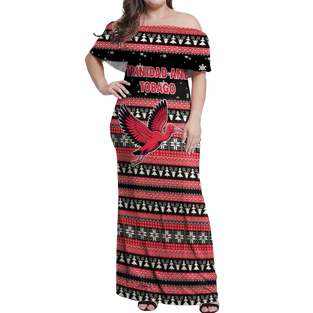 Trinidad and Tobago Christmas Off Shoulder Maxi Dress Bird and Coat of Arms Design - Wonder Print Shop