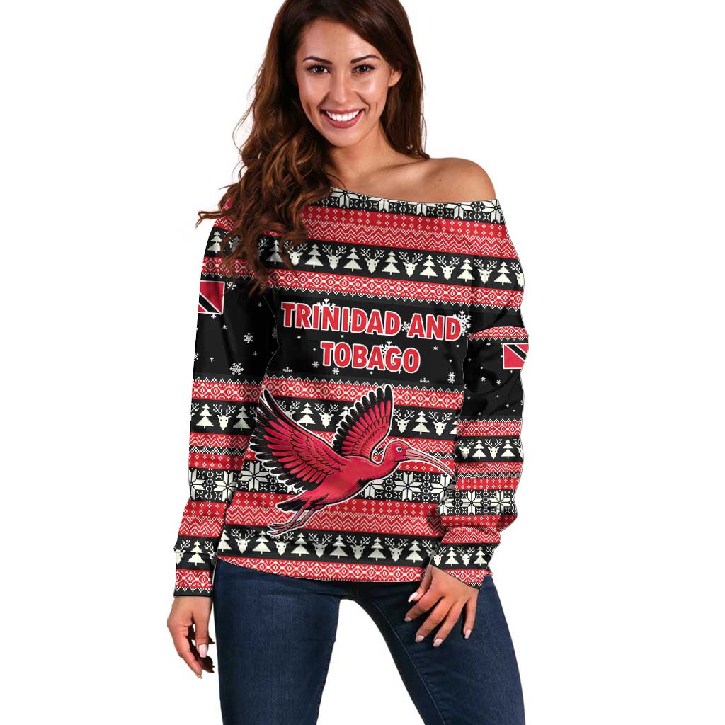 Trinidad and Tobago Christmas Off Shoulder Sweater Bird and Coat of Arms Design - Wonder Print Shop