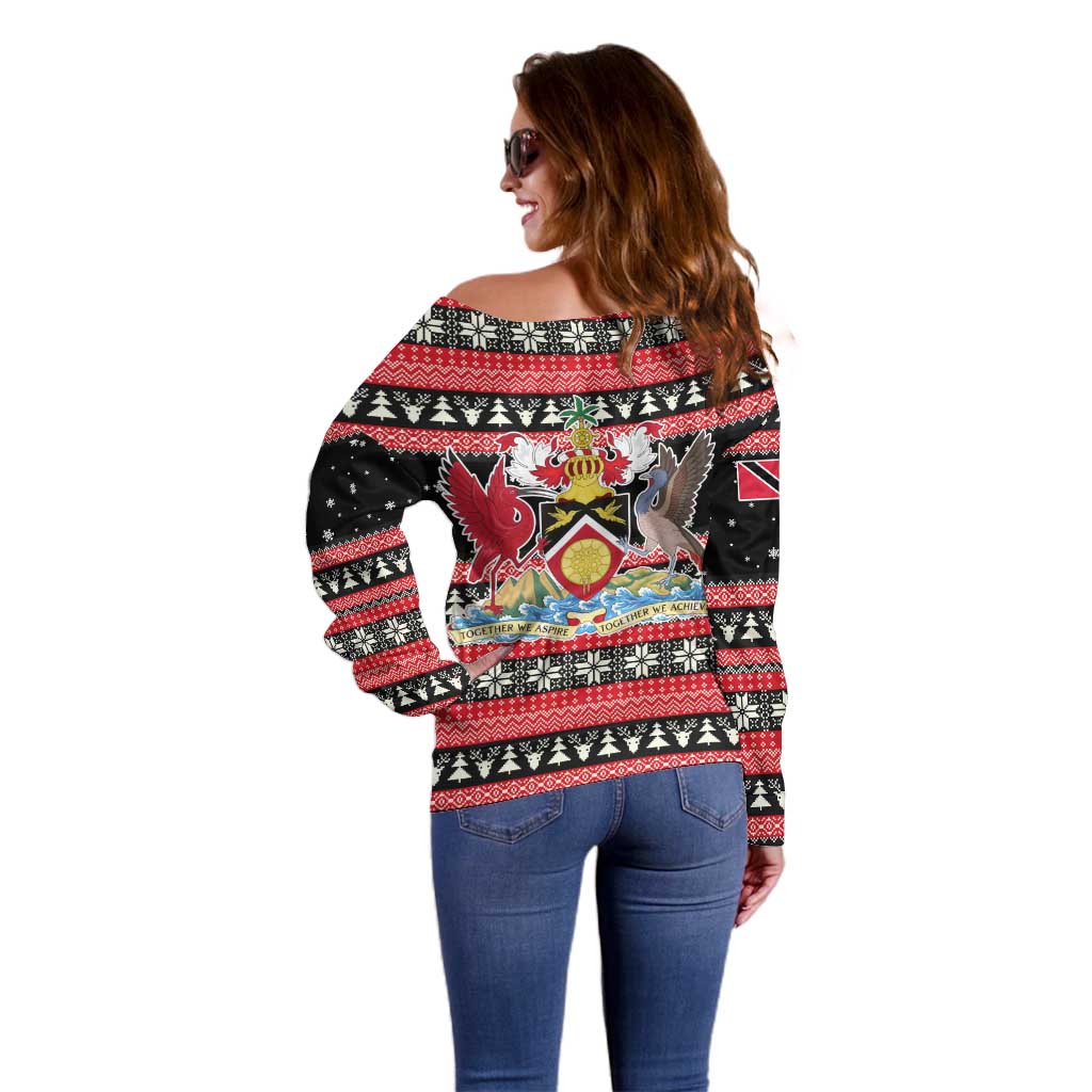 Trinidad and Tobago Christmas Off Shoulder Sweater Bird and Coat of Arms Design - Wonder Print Shop