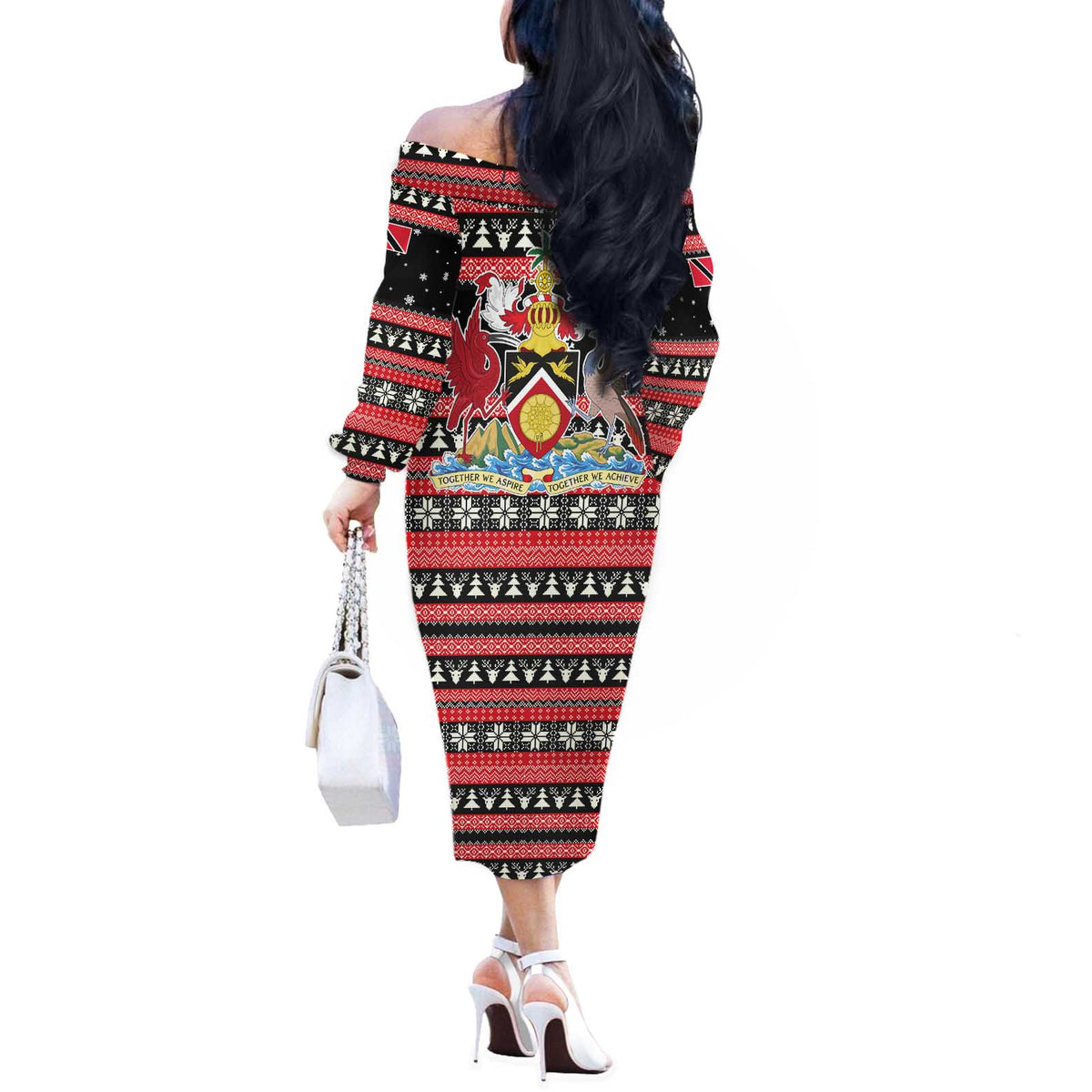 Trinidad and Tobago Christmas Off The Shoulder Long Sleeve Dress Bird and Coat of Arms Design - Wonder Print Shop