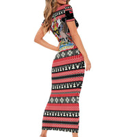 Trinidad and Tobago Christmas Short Sleeve Bodycon Dress Bird and Coat of Arms Design - Wonder Print Shop