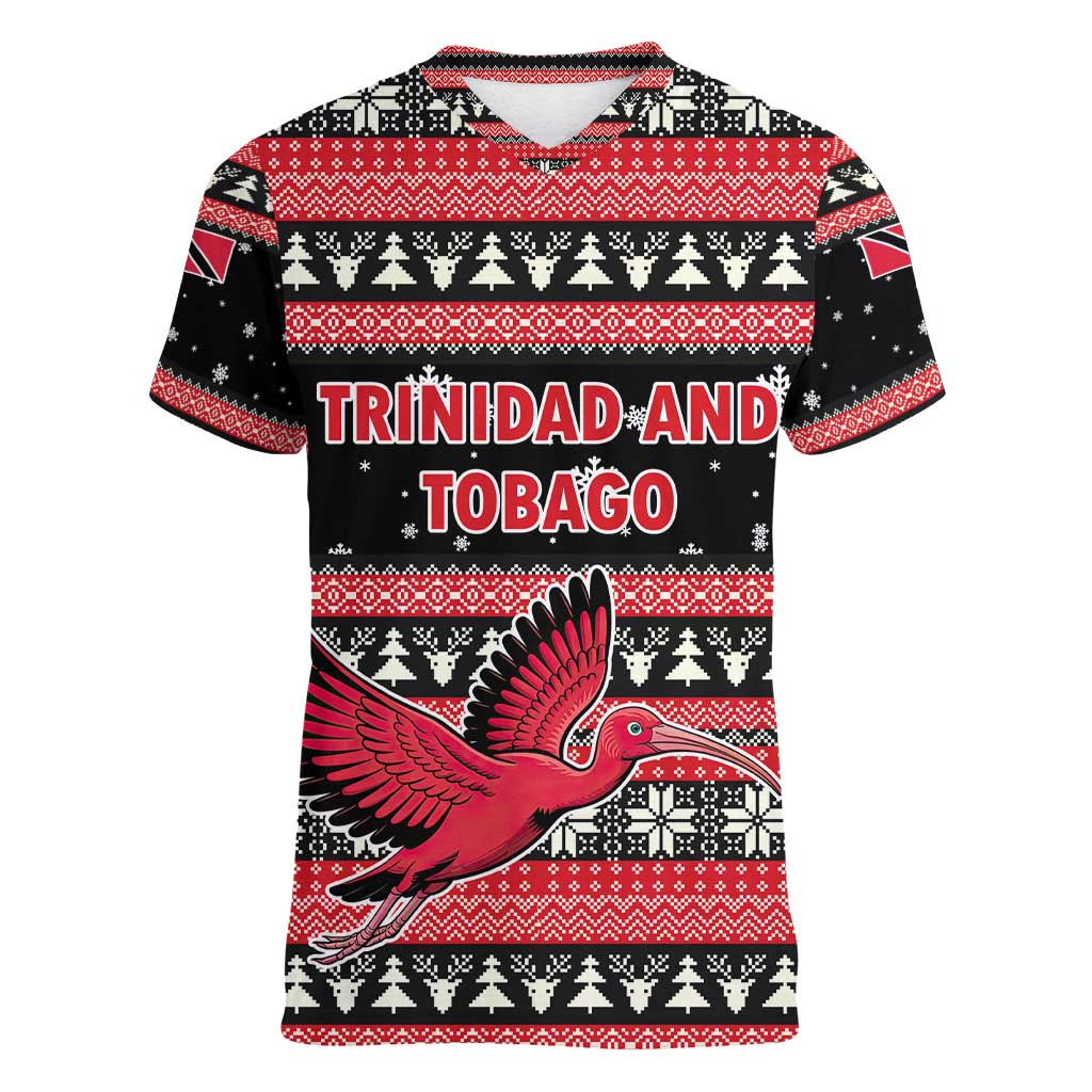 Trinidad and Tobago Christmas Women V-Neck T-Shirt Bird and Coat of Arms Design - Wonder Print Shop