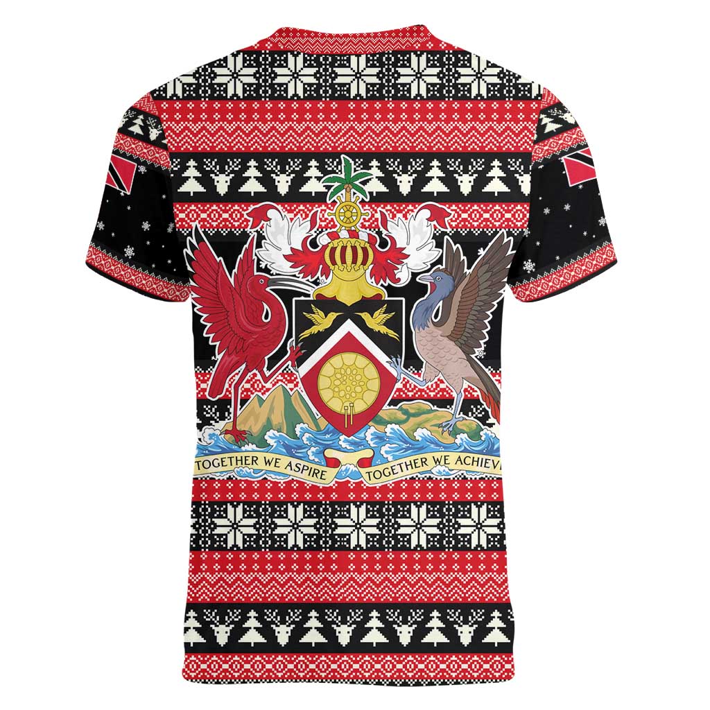 Trinidad and Tobago Christmas Women V-Neck T-Shirt Bird and Coat of Arms Design - Wonder Print Shop
