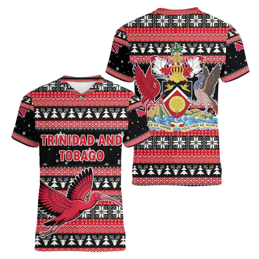 Trinidad and Tobago Christmas Women V-Neck T-Shirt Bird and Coat of Arms Design - Wonder Print Shop