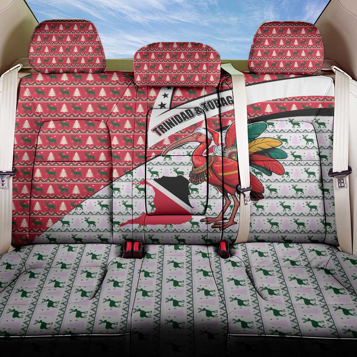 Trinidad and Tobago Christmas Back Car Seat Cover Christmas Bird Santa and Reindeer Design - Wonder Print Shop