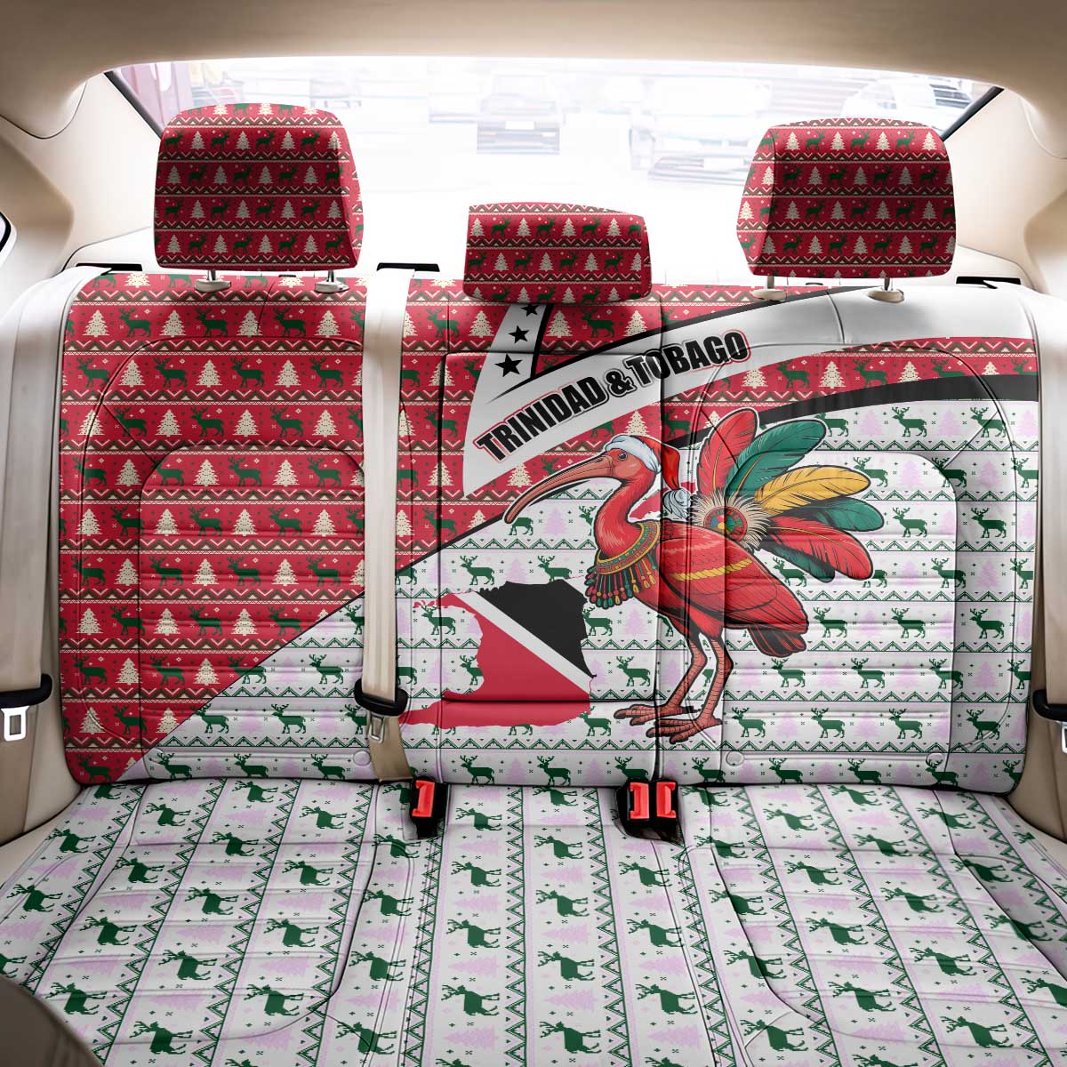 Trinidad and Tobago Christmas Back Car Seat Cover Christmas Bird Santa and Reindeer Design - Wonder Print Shop