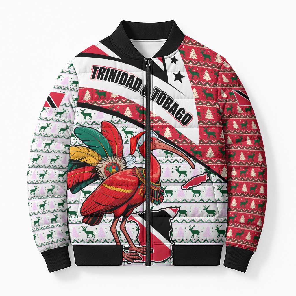 Trinidad and Tobago Christmas Bomber Puffer Jacket Christmas Bird Santa and Reindeer Design - Wonder Print Shop