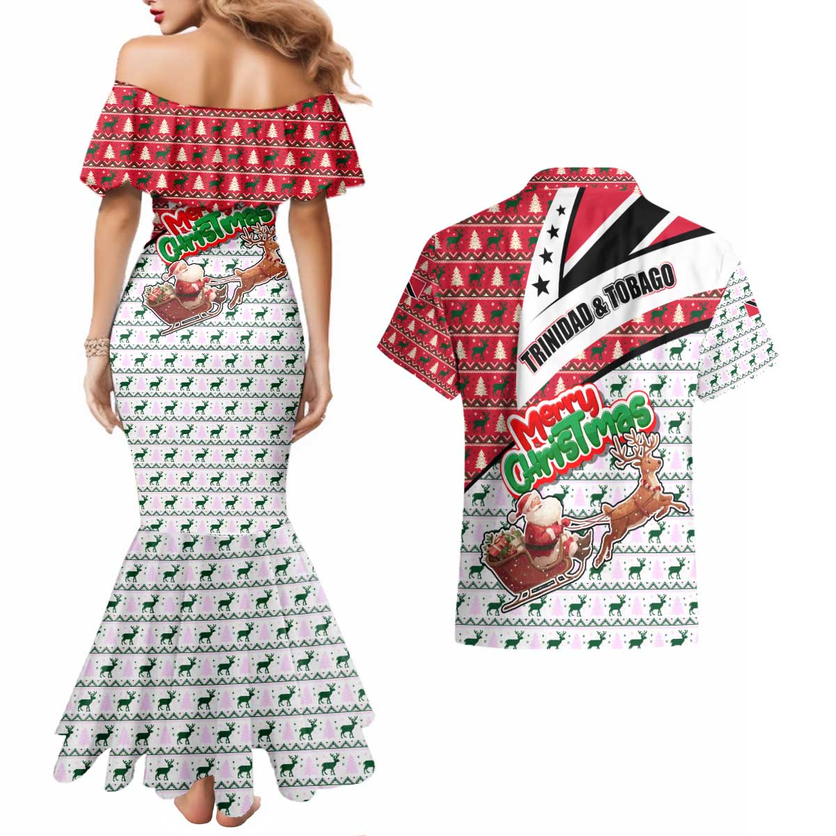 Trinidad and Tobago Christmas Couples Matching Mermaid Dress and Hawaiian Shirt Christmas Bird Santa and Reindeer Design - Wonder Print Shop