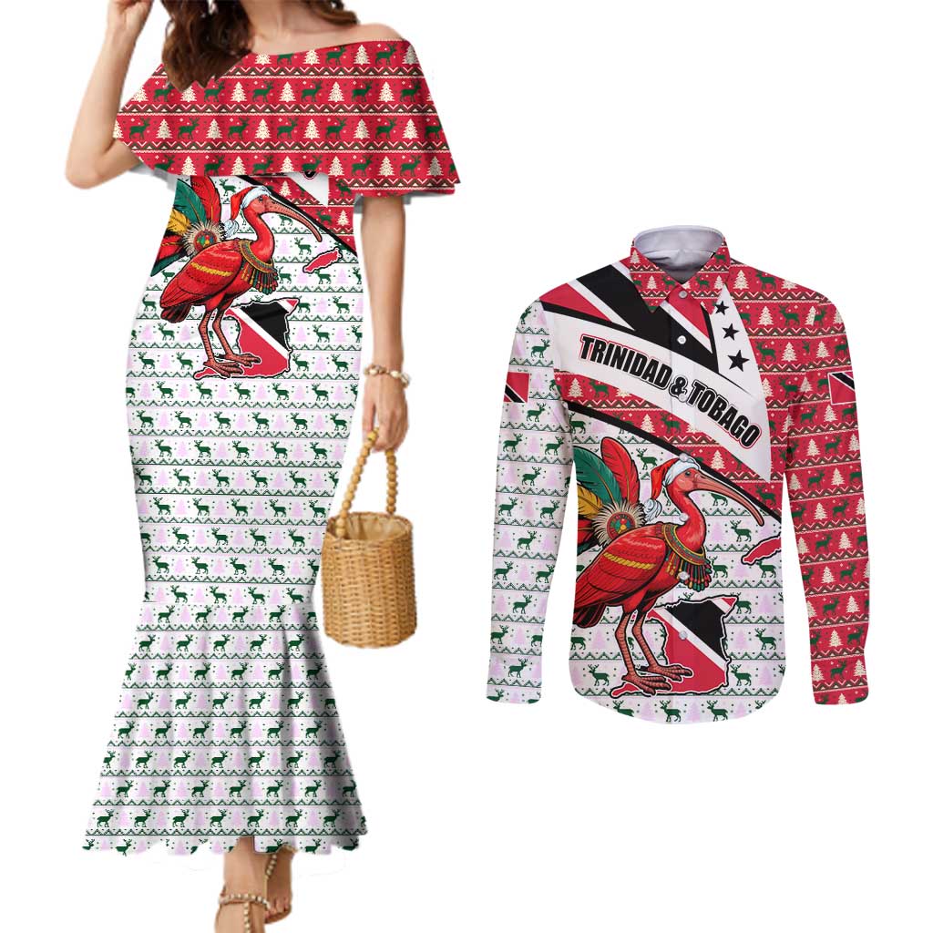 Trinidad and Tobago Christmas Couples Matching Mermaid Dress and Long Sleeve Button Shirt Christmas Bird Santa and Reindeer Design - Wonder Print Shop