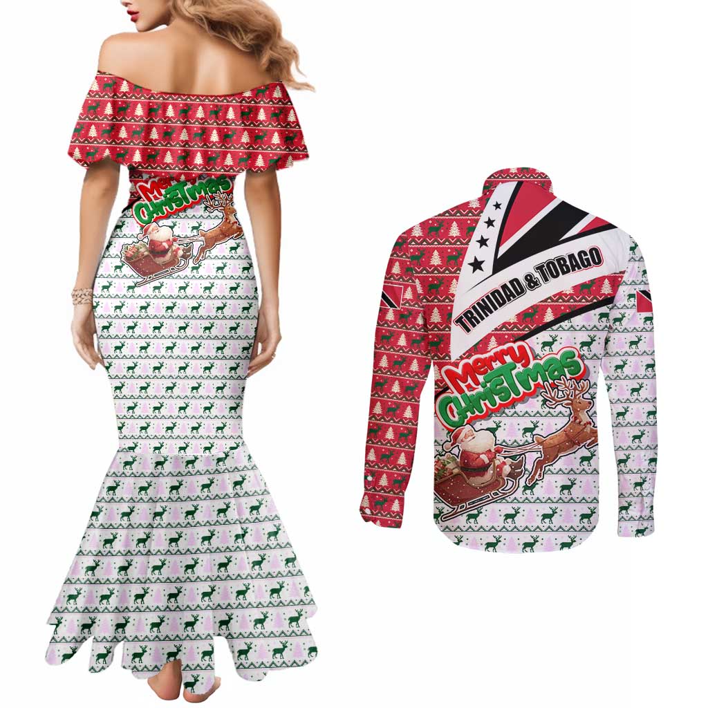 Trinidad and Tobago Christmas Couples Matching Mermaid Dress and Long Sleeve Button Shirt Christmas Bird Santa and Reindeer Design - Wonder Print Shop