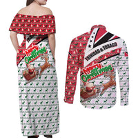 Trinidad and Tobago Christmas Couples Matching Off Shoulder Maxi Dress and Long Sleeve Button Shirt Christmas Bird Santa and Reindeer Design - Wonder Print Shop