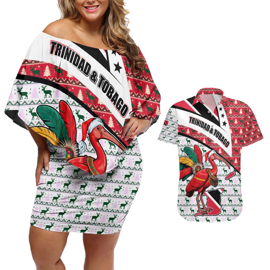 Trinidad and Tobago Christmas Couples Matching Off Shoulder Short Dress and Hawaiian Shirt Christmas Bird Santa and Reindeer Design - Wonder Print Shop