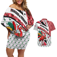Trinidad and Tobago Christmas Couples Matching Off Shoulder Short Dress and Hawaiian Shirt Christmas Bird Santa and Reindeer Design - Wonder Print Shop