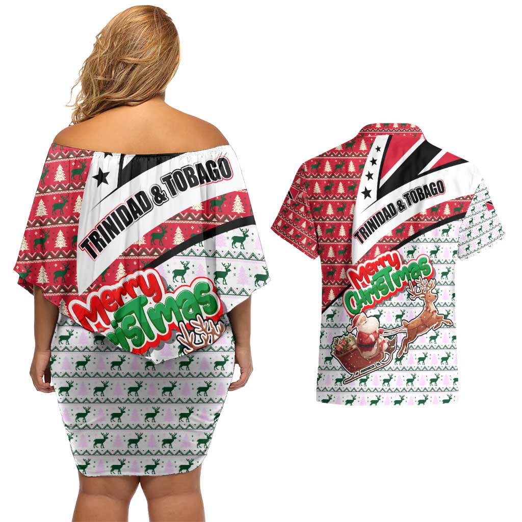 Trinidad and Tobago Christmas Couples Matching Off Shoulder Short Dress and Hawaiian Shirt Christmas Bird Santa and Reindeer Design - Wonder Print Shop