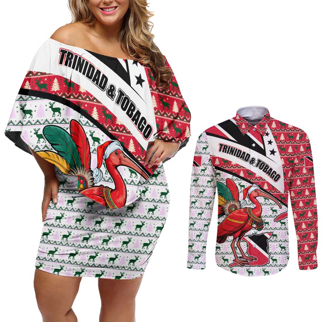 Trinidad and Tobago Christmas Couples Matching Off Shoulder Short Dress and Long Sleeve Button Shirt Christmas Bird Santa and Reindeer Design - Wonder Print Shop