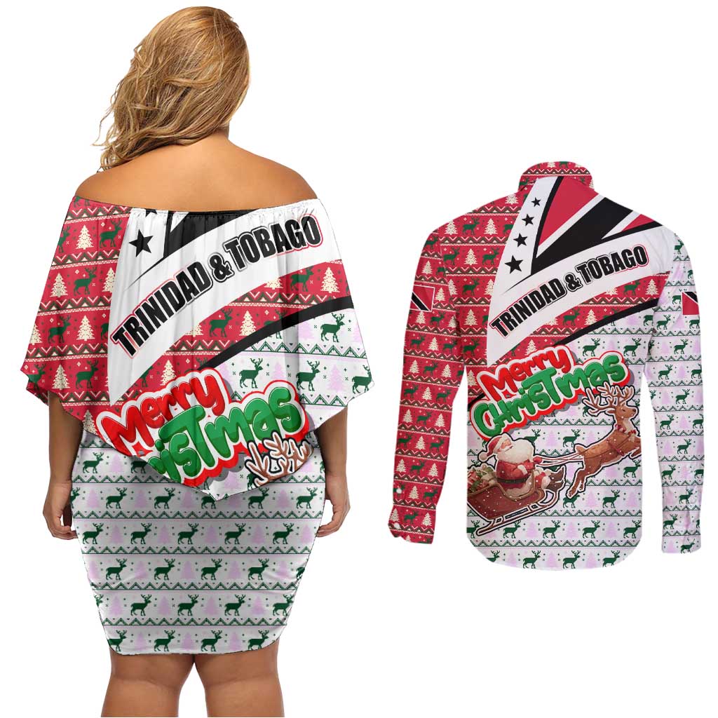 Trinidad and Tobago Christmas Couples Matching Off Shoulder Short Dress and Long Sleeve Button Shirt Christmas Bird Santa and Reindeer Design - Wonder Print Shop