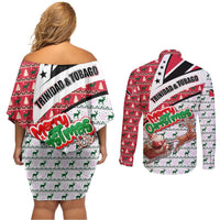 Trinidad and Tobago Christmas Couples Matching Off Shoulder Short Dress and Long Sleeve Button Shirt Christmas Bird Santa and Reindeer Design - Wonder Print Shop