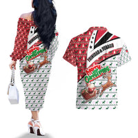 Trinidad and Tobago Christmas Couples Matching Off The Shoulder Long Sleeve Dress and Hawaiian Shirt Christmas Bird Santa and Reindeer Design - Wonder Print Shop