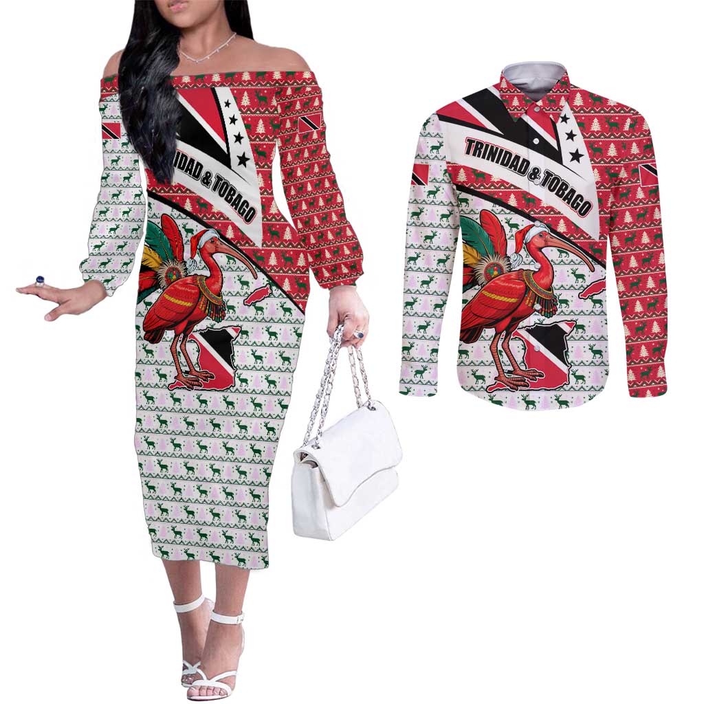 Trinidad and Tobago Christmas Couples Matching Off The Shoulder Long Sleeve Dress and Long Sleeve Button Shirt Christmas Bird Santa and Reindeer Design - Wonder Print Shop