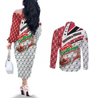 Trinidad and Tobago Christmas Couples Matching Off The Shoulder Long Sleeve Dress and Long Sleeve Button Shirt Christmas Bird Santa and Reindeer Design - Wonder Print Shop