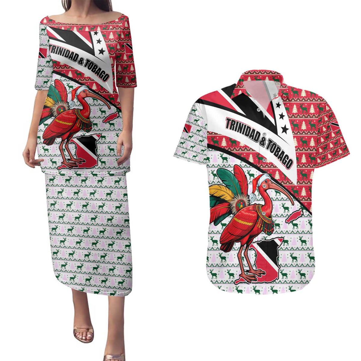 Trinidad and Tobago Christmas Couples Matching Puletasi and Hawaiian Shirt Christmas Bird Santa and Reindeer Design - Wonder Print Shop