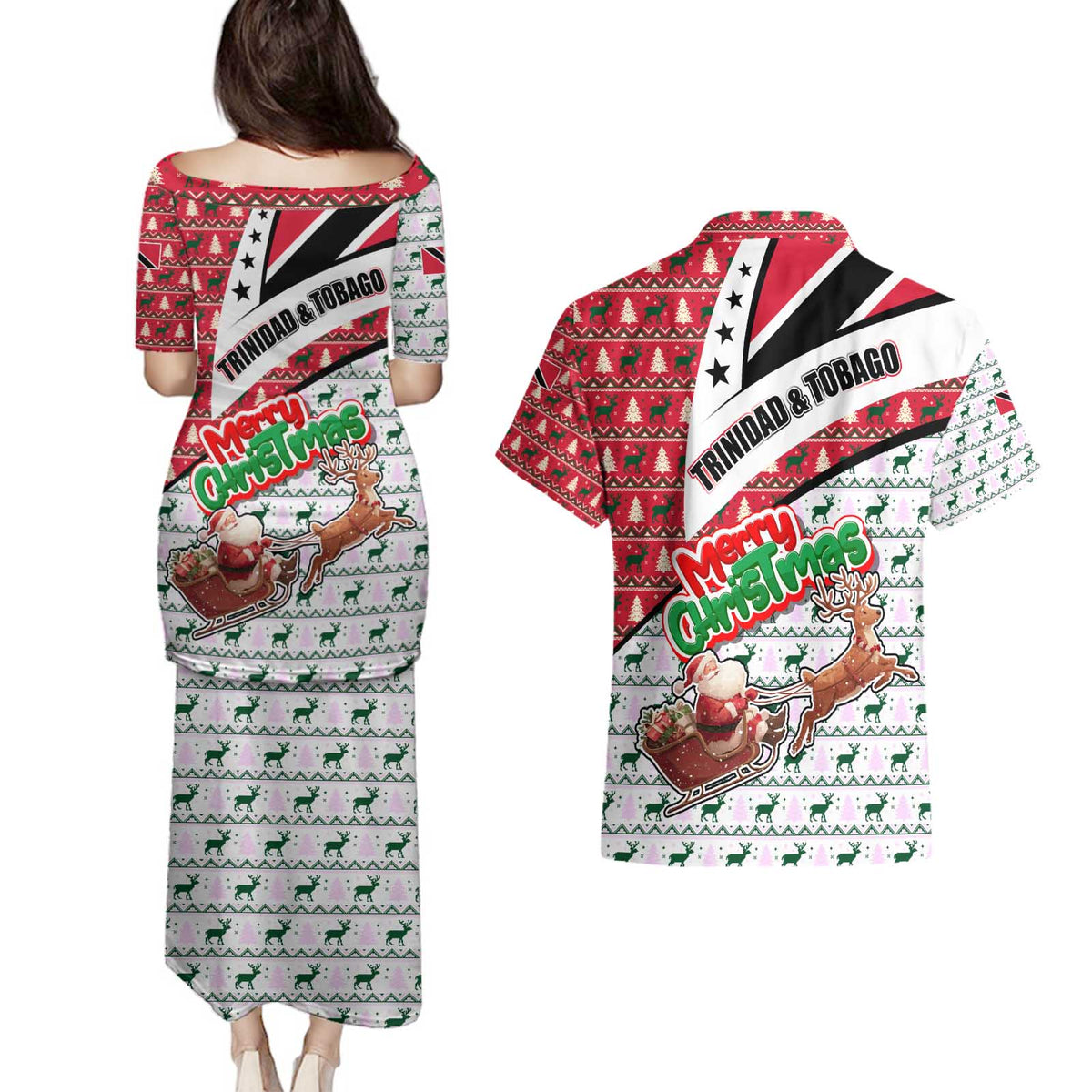 Trinidad and Tobago Christmas Couples Matching Puletasi and Hawaiian Shirt Christmas Bird Santa and Reindeer Design - Wonder Print Shop