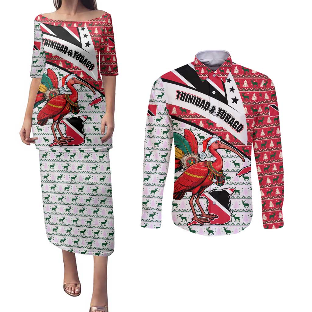 Trinidad and Tobago Christmas Couples Matching Puletasi and Long Sleeve Button Shirt Christmas Bird Santa and Reindeer Design - Wonder Print Shop