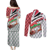 Trinidad and Tobago Christmas Couples Matching Puletasi and Long Sleeve Button Shirt Christmas Bird Santa and Reindeer Design - Wonder Print Shop