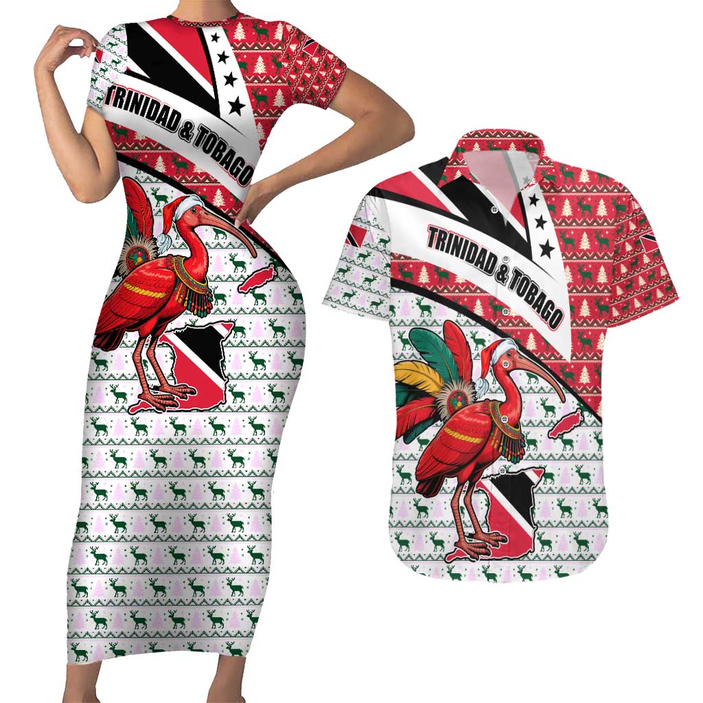 Trinidad and Tobago Christmas Couples Matching Short Sleeve Bodycon Dress and Hawaiian Shirt Christmas Bird Santa and Reindeer Design - Wonder Print Shop