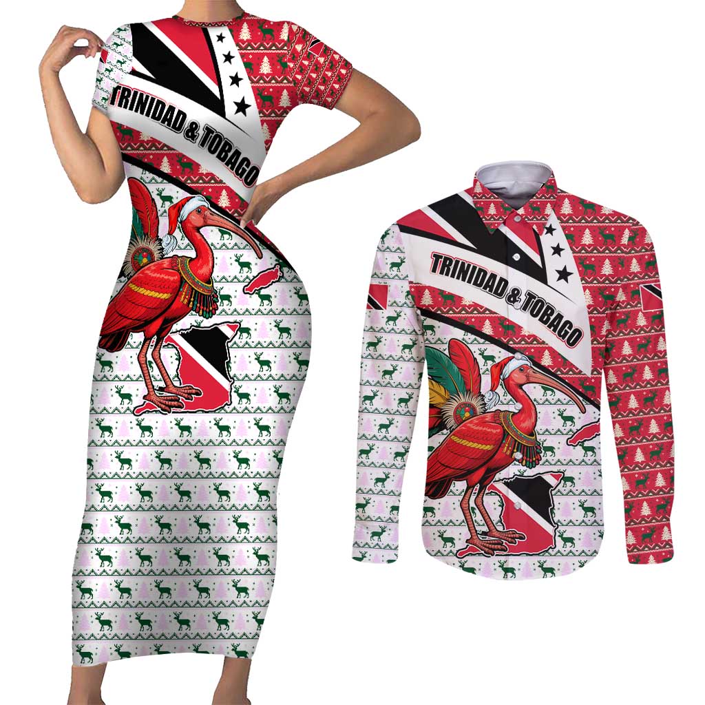 Trinidad and Tobago Christmas Couples Matching Short Sleeve Bodycon Dress and Long Sleeve Button Shirt Christmas Bird Santa and Reindeer Design - Wonder Print Shop
