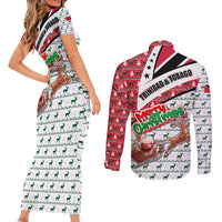 Trinidad and Tobago Christmas Couples Matching Short Sleeve Bodycon Dress and Long Sleeve Button Shirt Christmas Bird Santa and Reindeer Design - Wonder Print Shop