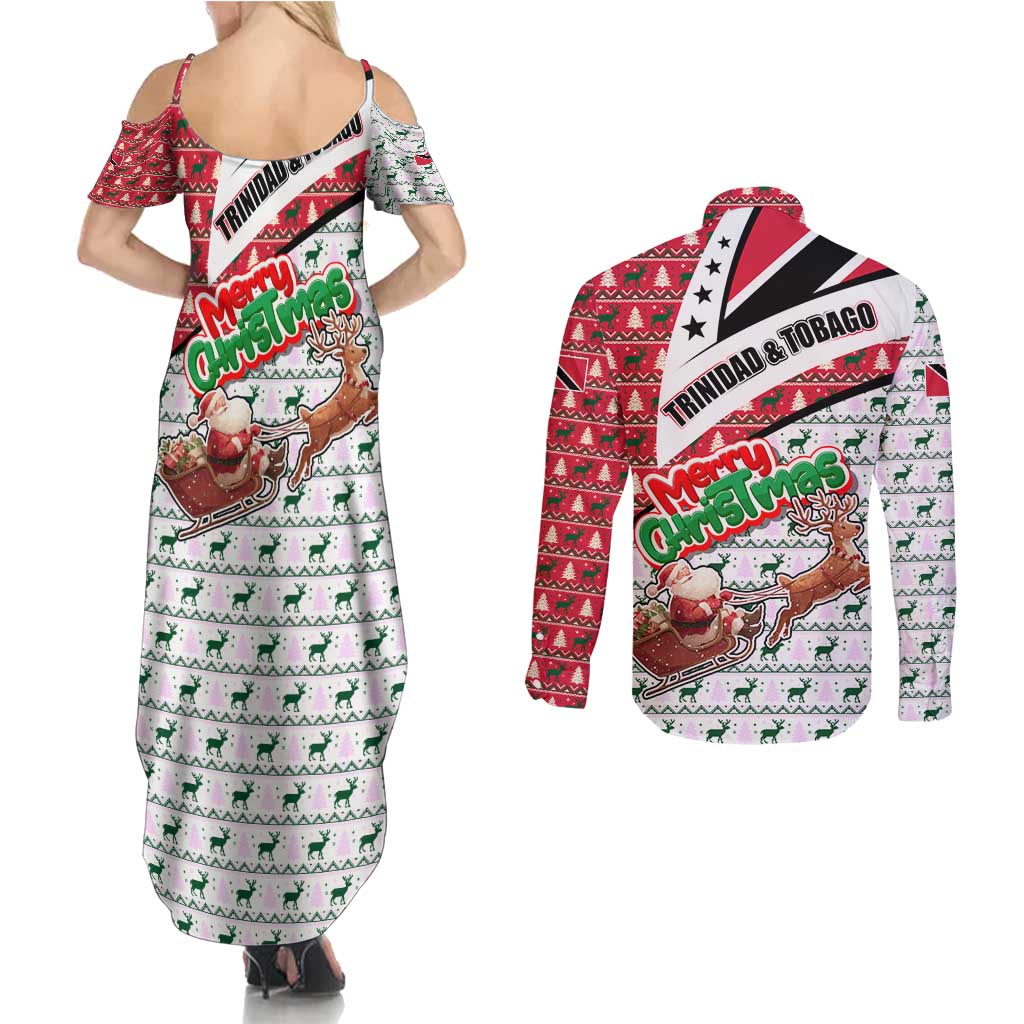 Trinidad and Tobago Christmas Couples Matching Summer Maxi Dress and Long Sleeve Button Shirt Christmas Bird Santa and Reindeer Design - Wonder Print Shop