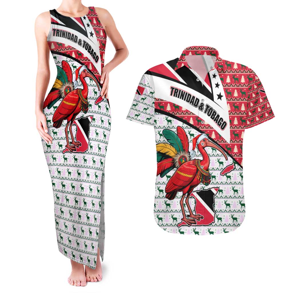 Trinidad and Tobago Christmas Couples Matching Tank Maxi Dress and Hawaiian Shirt Christmas Bird Santa and Reindeer Design - Wonder Print Shop