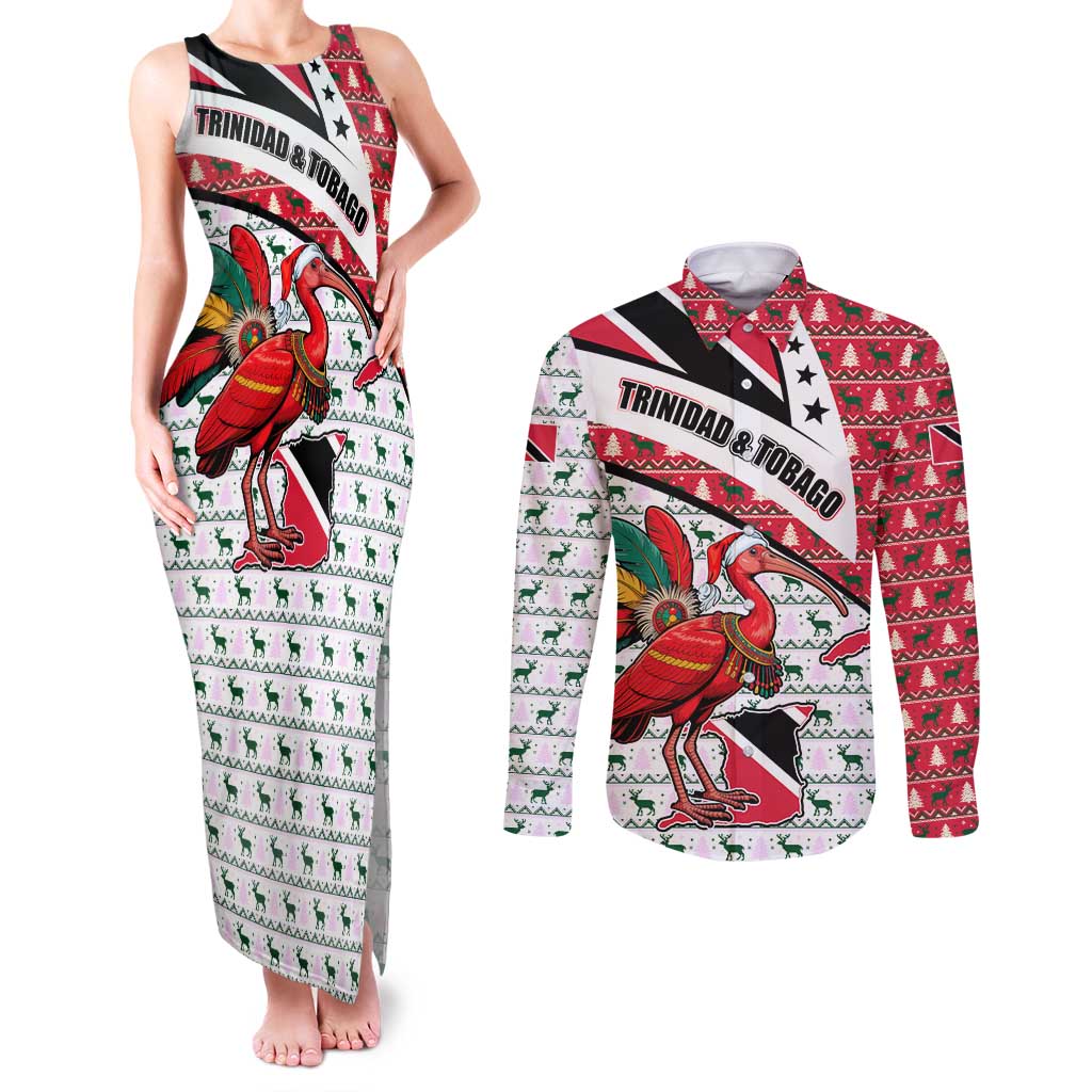Trinidad and Tobago Christmas Couples Matching Tank Maxi Dress and Long Sleeve Button Shirt Christmas Bird Santa and Reindeer Design - Wonder Print Shop