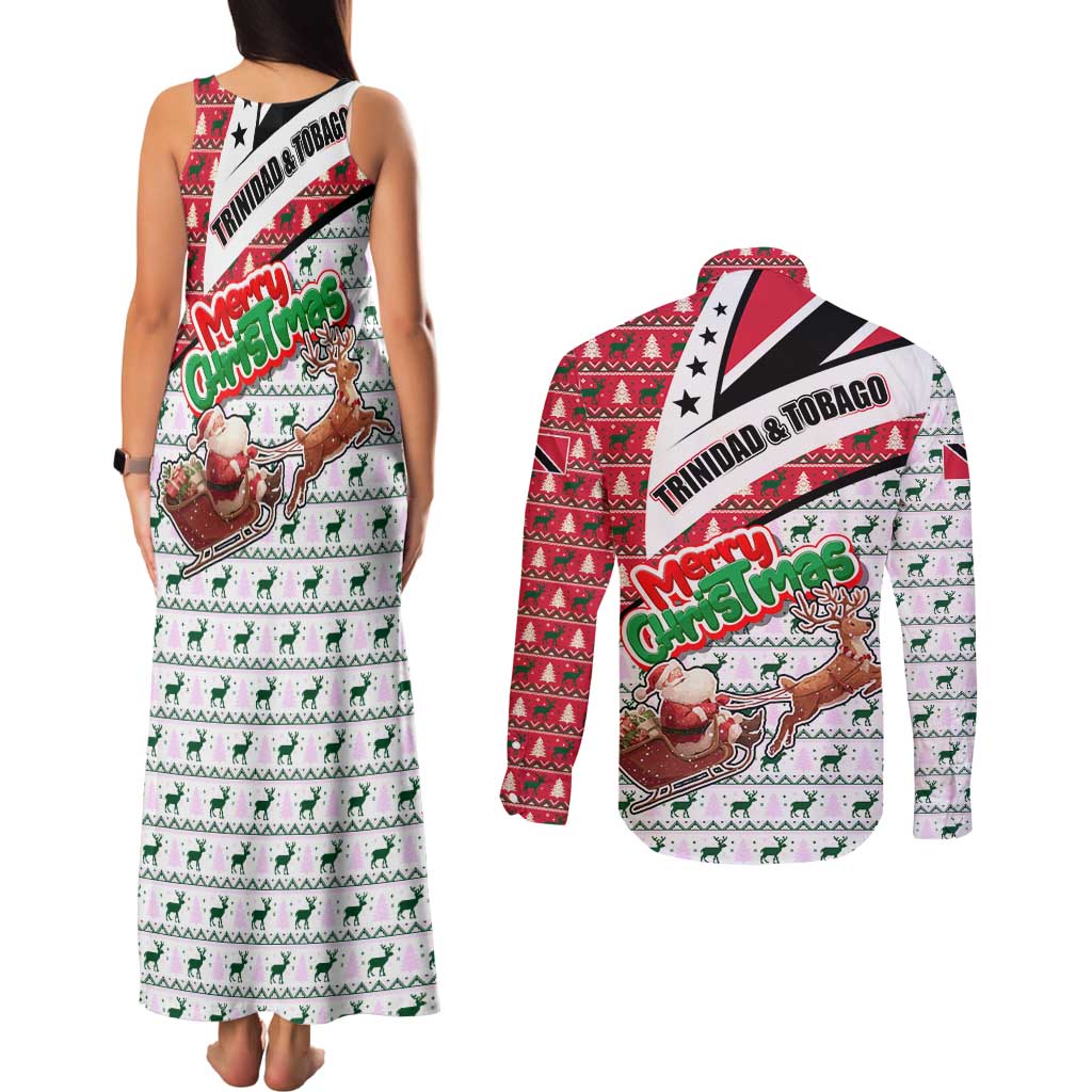 Trinidad and Tobago Christmas Couples Matching Tank Maxi Dress and Long Sleeve Button Shirt Christmas Bird Santa and Reindeer Design - Wonder Print Shop