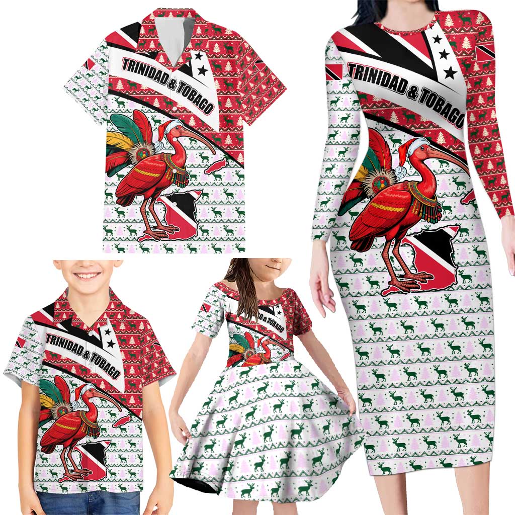 Trinidad and Tobago Christmas Family Matching Long Sleeve Bodycon Dress and Hawaiian Shirt Christmas Bird Santa and Reindeer Design - Wonder Print Shop