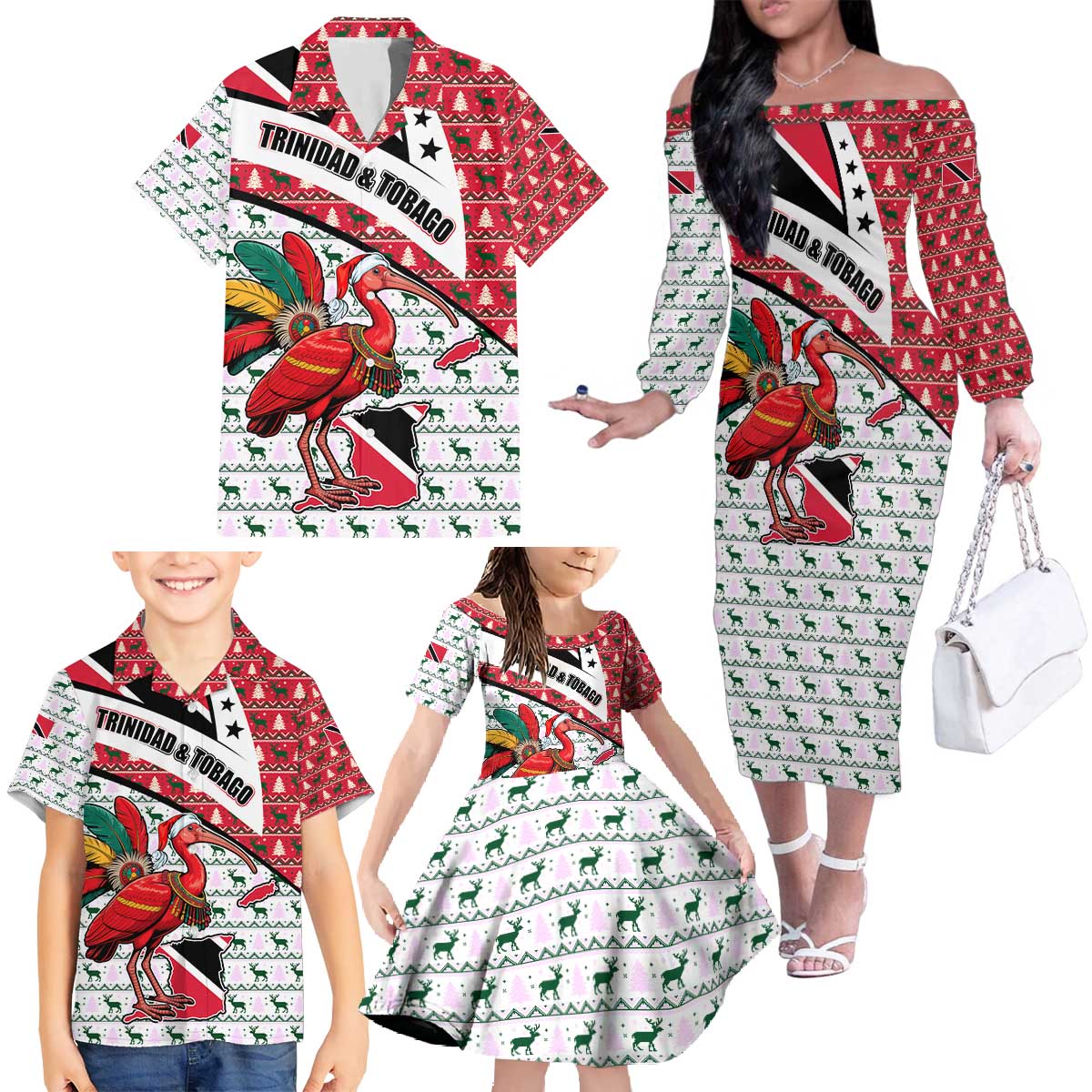 Trinidad and Tobago Christmas Family Matching Off The Shoulder Long Sleeve Dress and Hawaiian Shirt Christmas Bird Santa and Reindeer Design - Wonder Print Shop