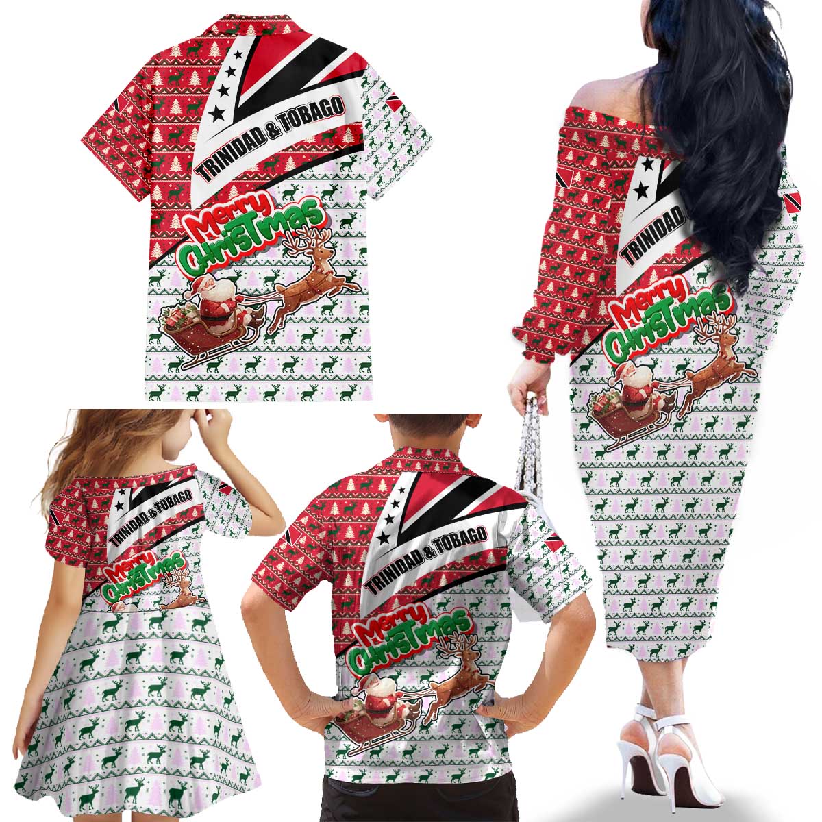 Trinidad and Tobago Christmas Family Matching Off The Shoulder Long Sleeve Dress and Hawaiian Shirt Christmas Bird Santa and Reindeer Design - Wonder Print Shop