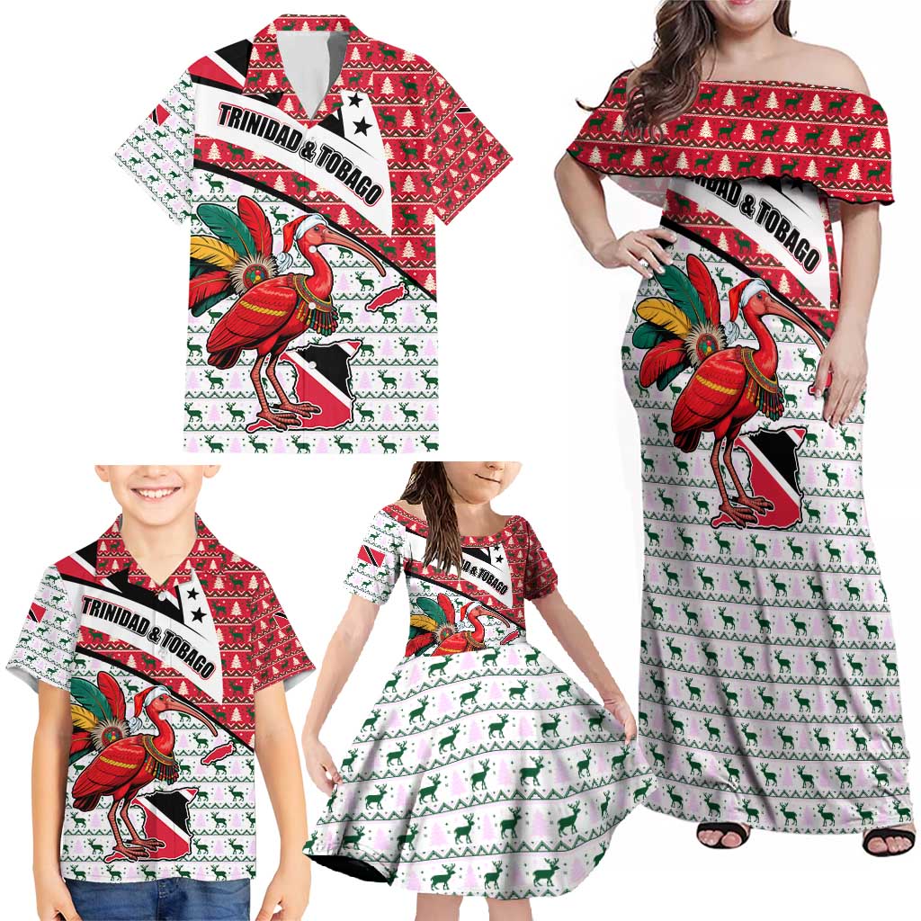 Trinidad and Tobago Christmas Family Matching Off Shoulder Maxi Dress and Hawaiian Shirt Christmas Bird Santa and Reindeer Design - Wonder Print Shop