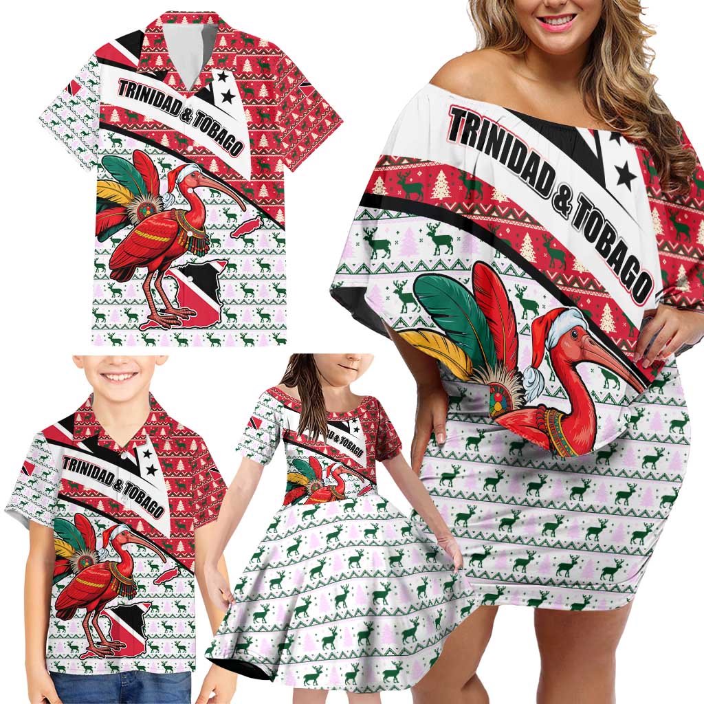 Trinidad and Tobago Christmas Family Matching Off Shoulder Short Dress and Hawaiian Shirt Christmas Bird Santa and Reindeer Design - Wonder Print Shop